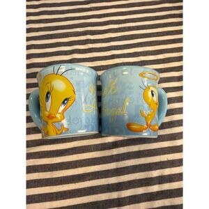 Vintage Tweety Bird 99% Angel Blue Ceramic Mug Set Looney Tunes Houston Harvest